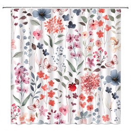 Floral Plant Shower Curtain Watercolor Wildflower Boho Rustic Flower Butterfly Bathroom Decor Curtain with Hooks,70" WX70 H