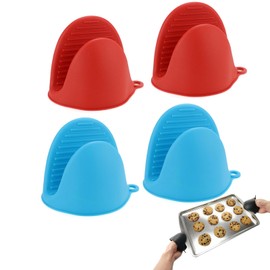 LBYHZS Mini Guantes para Horno de Silicona, 2 Pares Mini Guantes de Cocina para Horno, Guantes Aislantes de Calor, Guantes Resistentes al Calor, Anti-Escaldaduras de Manoplas para Cocina (Rojo, Azul)