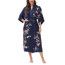 OSCAR ROSSA Women's Mulberry Silk Sleepwear 100% Silk Charmeuse Floral Printed Long Kimono Robe, Plum Blossom Navy, XL/XXL