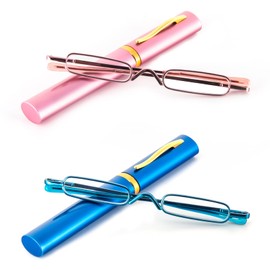 DXYXYO Mini Reading Glasses for Women Men 2 Pack Compact Small Pocket Metal Readers with Portable Case, Pink and Blue 3.0 Magnification