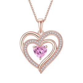 Inpasne Rose Gold Love Heart Necklace for women 925 Sterling Silver Pink Tourmaline Necklace October Birthstone Jewelry Gift for Women Her Mom Wife Girlfriend Daughter Sister
