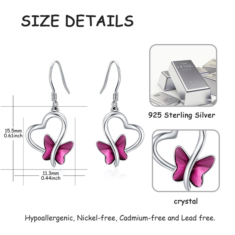 Twoowl Butterfly Earrings 925 Sterling Silver Heart Butterfly Dangle Drop