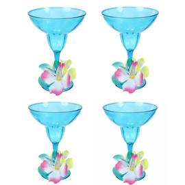 CABE Margarita Glasses With Hibiscus Flowers 15.9 oz Blue Plastic Luau Glass Set of 4 Summer Fun Party Drink (bundle KC Tingamajig)