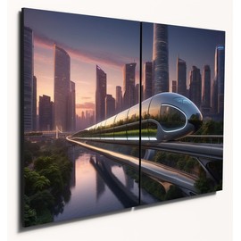 The Plum Penguin Futuristic Cityscape A4 Wood Wall Art - Monorail & Neon Skyscrapers Reflection Canvas Alternative 40 x 30cm