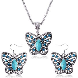Fuqimanman2020 3pcs Ethnic Simulation Turquoise Set Butterfly Pendant Necklace Bohemian Stretchable Beaded Bracelet Bangle Teardrop for Women Boho Jewelry-Butterfly