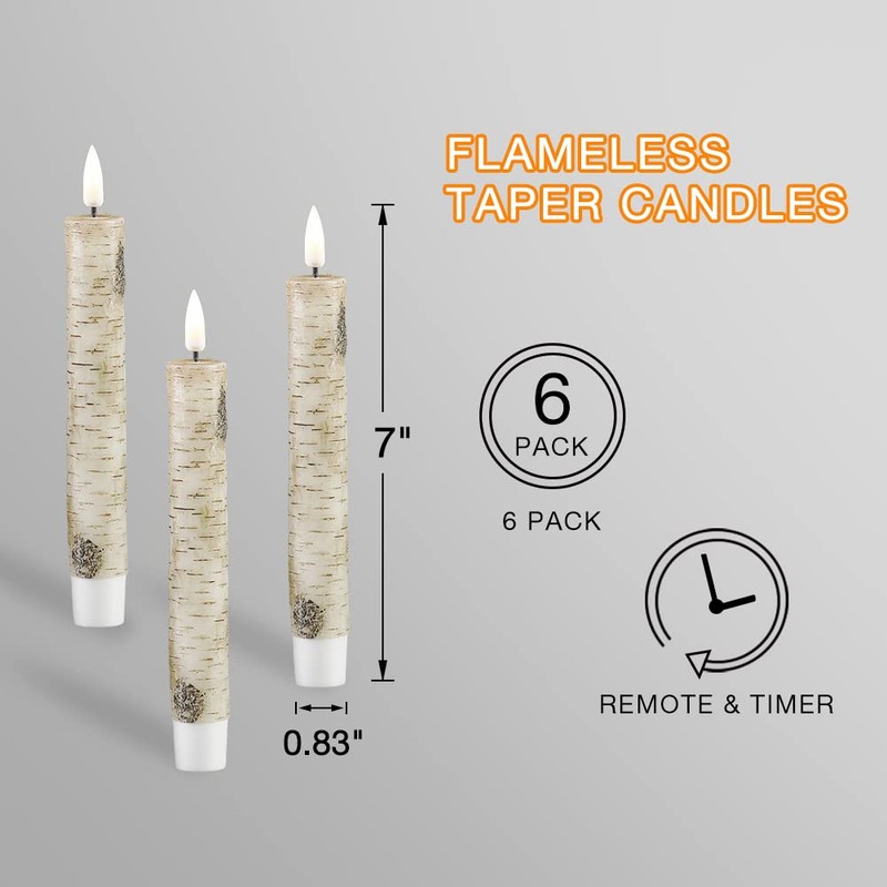 Eywamage Birch Bark Flameless Taper Candles with Remote, Short Wood