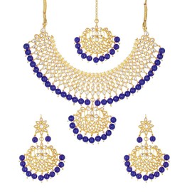 Efulgenz Indian Bridal Jewelry Choker Necklace Earrings Maang Tikka Bollywood Wedding Crystal Kundan Faux Pearl Necklace Earrings Head Chain Set for Women