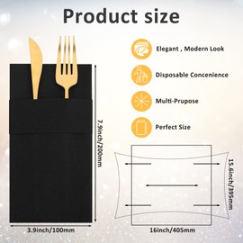 Linen Feel Napkins, Disposable Airlaid Paper Napkins Prefolded Dinner Napkins with Built in Flatware Pocket for Silverware Valentine Wedding Party Christmas Day (Black, 150 Pieces)