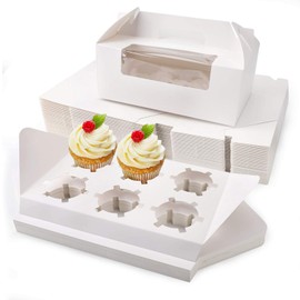 Cupcake Boxes with Holders, Eusoar 50pcs 9.3" x 5.9" x 3.5" Cupcake Carrier with Handle Insert Display Window, Party Favor Bakery To Go Cupcake Muffin Carry Boxes Container Fits 6 Cupcakes or Muffins