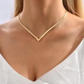 Wendalern Snake Chain Herringbone Chain Necklace V-shaped Flat Herringbone Chain Necklace Minimalist Short Collar Necklace Petite Geometirc Clavicle Necklace Jewellery for Women, Zinc, No Gemstone