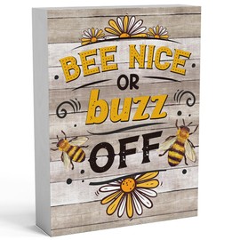 Farmhouse Bee Wooden Box Sign 6 X 8 Inch, Bee Nice or Buzz off Wood Box Sign Art Desk Decor Rustic Plaque for Wall Shelf Tabletop Decoration Home