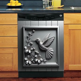 Stainless Steel Hummingbird Dishwasher Magnet Cover,Brushed Silver Magnetic Dishwasher Cover,Metal Flower Sticker Front Panel Cover for Dishwasher,Refrigerator Magnet Fridge Decal,23"x26"