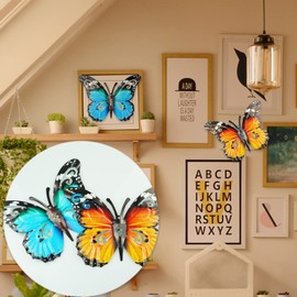 REBECASKYENS 2 Pieces Outdoor Large Metal Butterfly, Garden Decorations, Outdoor Wall Art Metal Butterfly for Outdoor Fences Sheds Walls, 27 x 22 cm (Blue and Yellow)