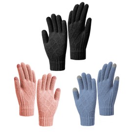 KEYRI 3 Pairs Women Winter Knitted Gloves, Touch Screen Gloves Thermal Knitted Gloves for Women Thicken Windproof Keep Warm Touchscreen Gloves for Men Working Outdoor Activities (Black, Pink, Blue)