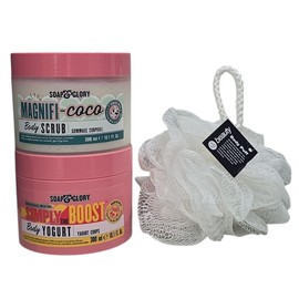 Soap Glory Body Care Bundle | Magnifi-Coco Exfoliating Body Scrub 300ml & Simply The Boost Yogurt Body Moisturiser 300ml | Smooth & Hydrate for Radiant Skin With Free Beauty Body Puff(Any Colour)