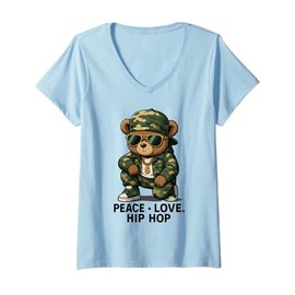 Womens Camouflage Rapper Teddy Bear Camo 80s Old School Hip Hop V-Neck T-Shirt