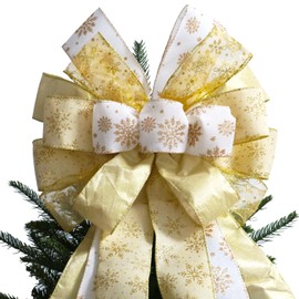 Large Christmas Tree Topper Bow 52x13 Inch, Pre-Tied Wired Ribbon Wreath Bows, Xmas Ornaments with Long Wired Edge Streamer for Holiday Thanksgiving Indoor Outdoor Party Decoration (White Gold)