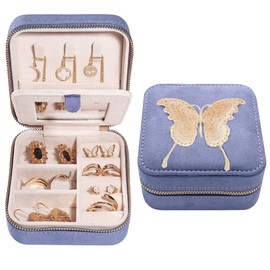 S.Leaf Travel Jewelry Organizer Travel Jewelry Boxes for Women Small Jewelry Travel Case Box Portable Travel Jewelry Case Travel Case Mini Jewelry Box (E-Suede-Lavender-Butterfly-Gold)
