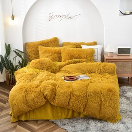 MorroMorn 5 PCS Plush Shaggy Duvet Cover Sets, Luxury Shag Fluffy Comforter Cover Fuzzy Bedding Set - Long Faux Fur Ultra Soft Cozy (Mustard Yellow, Full/Queen)