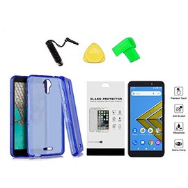 for AT&T Prepaid Radiant Core U304AA Slim TPU Flexible Gel Skin Cover Case + Tempered Glass + Extreme Band + Stylus Pen + Pry Tool (Blue)