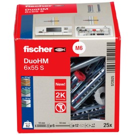 fischer DuoHM 6 x 55 S TX Cavity Dowels with Metric Panhead Screw and TX Drive for Fixing TV Brackets, Lights, Wall Shelves, etc. in Panel Building Materials, Pack of 25
