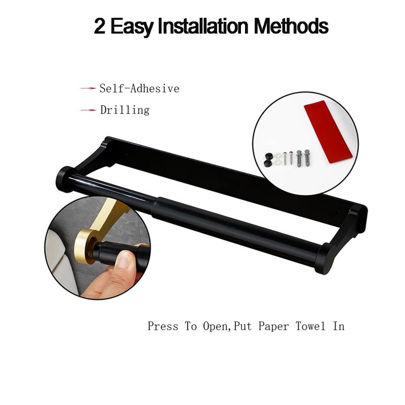 Paper Towel Holder - Self-Adhesive or Drilling, Black, Wall Mounted,