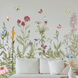Removable Peel and Sticks, Poppy Plants, Flower and Butterfly, Green Flower Wall Sticker, Wall Sticker, Flower Stickers for Home, Bedroom, Living Room, Sofa, Living Room, TV Decor