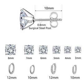 10 Pairs Silver Earrings for Women Trendy Surgical Steel Stud Earrings and Huggie Hoop Earrings Hypoallergenic Earrings Set Square Stud