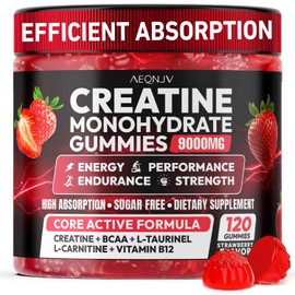 AEQNJV Creatine Gummies Monohydrate Complex 9000MG, Chewable Creatine Monohydrate Gummies for Men & Women with L-Taurine, BCAA 2:1, B12/6, Building Muscle Strength and Boost Focus, 30 Days Supply