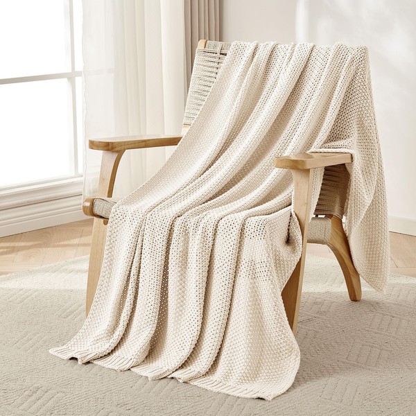 Joydeco Chunky Cable Knit Throw Blanket, Lightweight 100% Cotton Soft