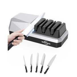 WELLPEAK 3-Stage Electric Knife Sharpener for 18/20-Degree Knifes, Diamond Abrasive Sharpening for Straight Edge Chef Knives, Ceramic Hone for Chef Knives, Serrated Knives Polishing (SILVER, 3-Stage)