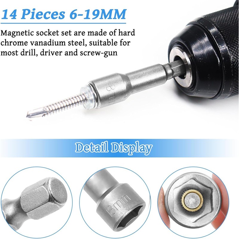 14 pcs Hex Socket Set, 6-19mm Nut Driver Set 1/4