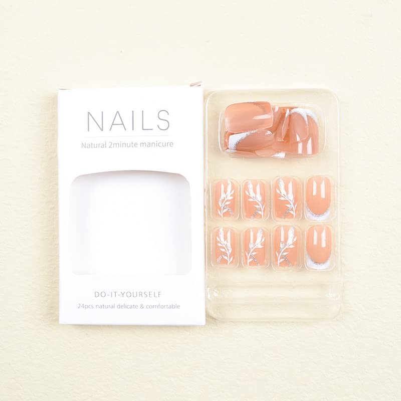 Pikabows Press On Nails Short Square Pink Leaf Silver French