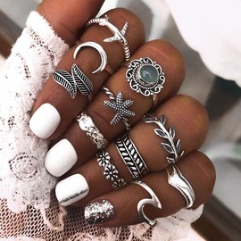 Prosy Boho Crystal/Flower/Crescent Moon/Wave/Star Knuckle Rings Set Silver Finger Joint Stackable Ring for Women and Girls (Style A)