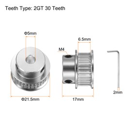 sourcing map 2 x 2GT Pulley 30 Teeth 5 mm Bore 21.5 mm Diameter Aluminium Timing Belt with 2 mm Hex Key for 6 mm Wide Belt 3D Printer CNC Machine Accessories Silver Tone