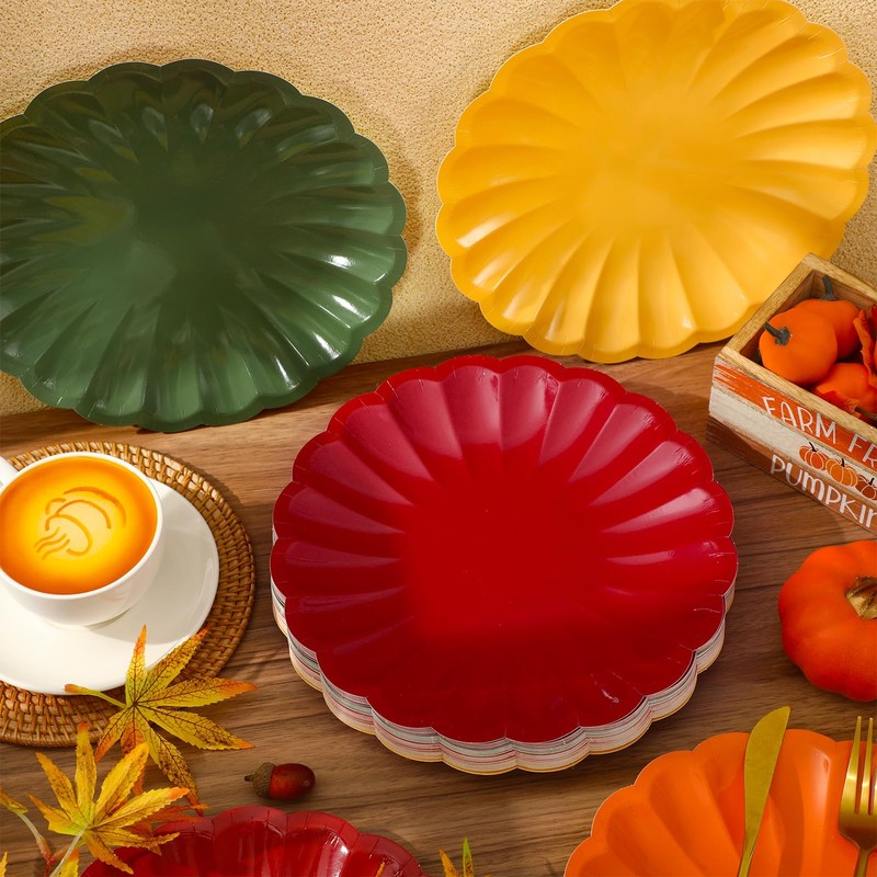 48Pcs Paper Plates, Scalloped Edge, Fall Colors, 9 Inch