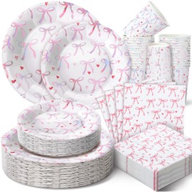 Zhehao 120 Pcs Iridescent Bow Plates and Napkins Bride to Be Party Decorations Bridal Shower Dinnerware Coquette Party Supplies Serve 24 Guest Disposable Tableware Set for Wedding(Pink Bow)