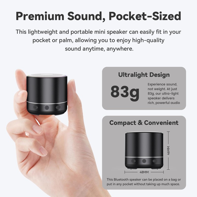 Mini Bluetooth Speaker, 2026 Ultra-Light Mini Bluetooth Speaker, IP7 Waterproof