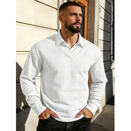 QOSOQ Mens Casual Sweaters Textured Pullover V Neck Sweater Pullover Long Sleeve Lightweight Sweaters Sweatshirts Top White