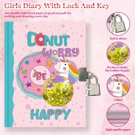 Secret Diary for Girls, 7x5.25 Inches 160 Lined Pages Shakable Sequin Kids Diary with Lock Journal for Girls Gifts Cute Doughnut Notebook for Christmas Birthday Presents Toys 5 6 7 8 9 10 Year Old