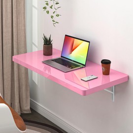 Clikuutory Wall Mounted High Gloss Folding Table, Wall Desk Fold Down for Small Spaces, Folding Workbench for Laundry Room, Home Office, Kitchen, Bedroom, Home Bar, Pink (31.5"×15.7")