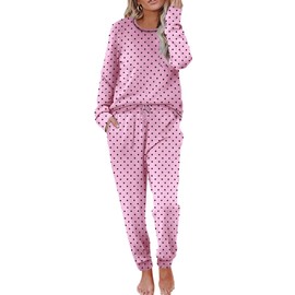 Ekouaer Pajamas Women's Long Sleeve Pj Set Soft 2 Piece Loungewear Sleepwear with Jogger Pants Pink Small Point,S