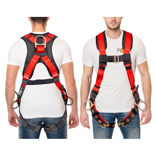 Palmer Safety ATERET Fall Protection 5pt Safety Harness, 3D-ring, Quick-Connect Buckle, Grommet Legs, Sewn in Back Pad I OSHA ANSI Compliant Personal Equipment (Red - Universal), (H222100111)