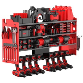 Power Tool Organizer Wall Mount with 8-Drill Holders-400Lbs Load Heavy Duty Metal 4-Layers Garage Storage & Organization Battery Tools Rack with Side Panels Utility Racks Workshop Gifts for Men