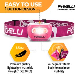 Foxelli LED Headlamp Flashlight for Adults & Kids, Running, Camping, Hiking Head Lamp with White & Red Light, Comfortable Headband, Lightweight & Waterproof, 3 AAA Batteries