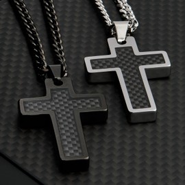 MJ Metals Jewelry Tungsten Carbide Black Plated Black Carbon Fiber Inlay Cross Pendant Necklace w/Narrow 3mm 18" Stainless Steel Cuban Chain