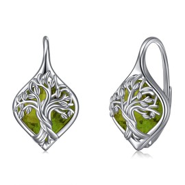 WINNICACA Tree of Life Birthstone Leverback Earrings Sterling Silver August Birthstone Jewelry for Women Girlfriend Tree of Life Created Peridot Birthstone Jewelry Gifts for Birthday Christmas