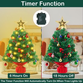 24 Inch Tabletop Christmas Tree, Mini Artificial Christmas Tree with 50 LED Lights, Tree Topper, 20 Ornaments and 56 Red Berries, Tabletop Small Xmas Tree for Holiday Indoor DIY Christmas Decor