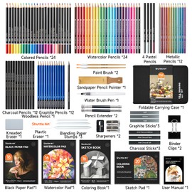 Shuttle Art 116 PCS Drawing Kit, Professional Drawing Supplies with Sketch, Charcoal, Colored, Graphite, Pastel Pencils & Sticks, Complete Drawing Tools and Paper Pads in Zipper Case for Artists&Kids