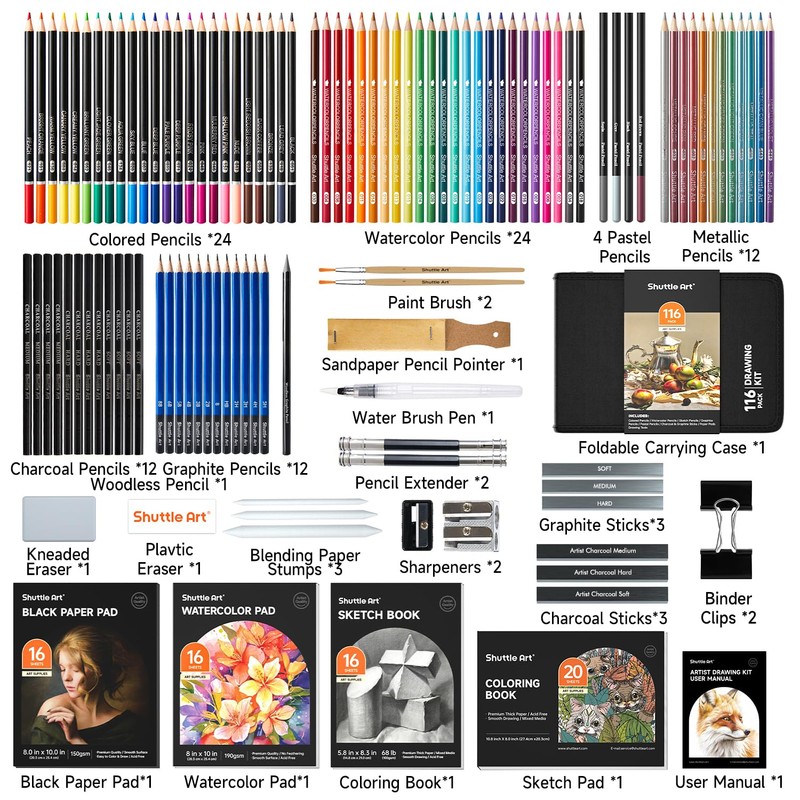 Shuttle Art 116 PCS Drawing Kit, Professional Drawing Supplies with